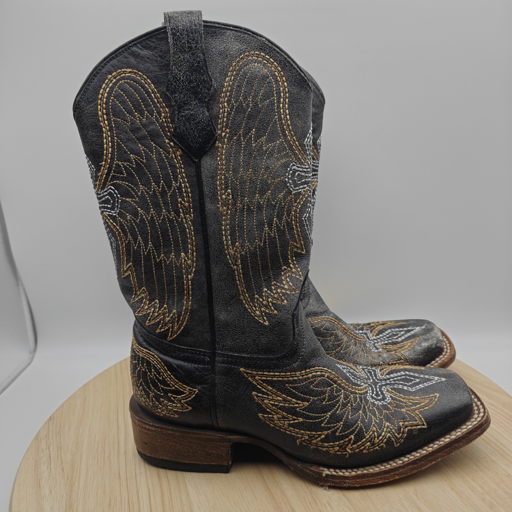 Corral A1032 Boots Kids Size 2 Black Square Toe Embroidered Leather Western